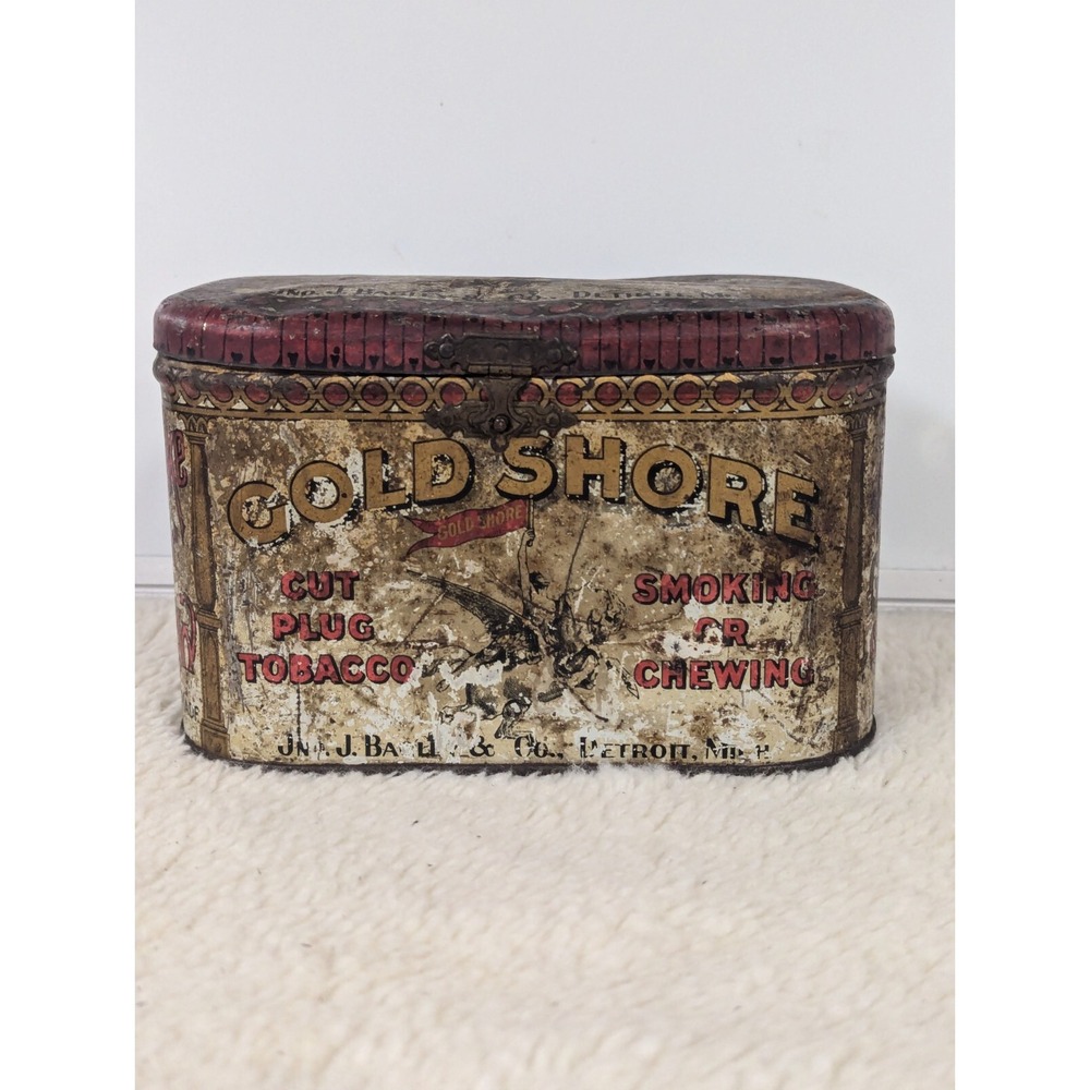 Antique‎ Gold Shore Cut Plug Tobacco Tin Bagley & Co. Detroit Michigan Tax Stamp